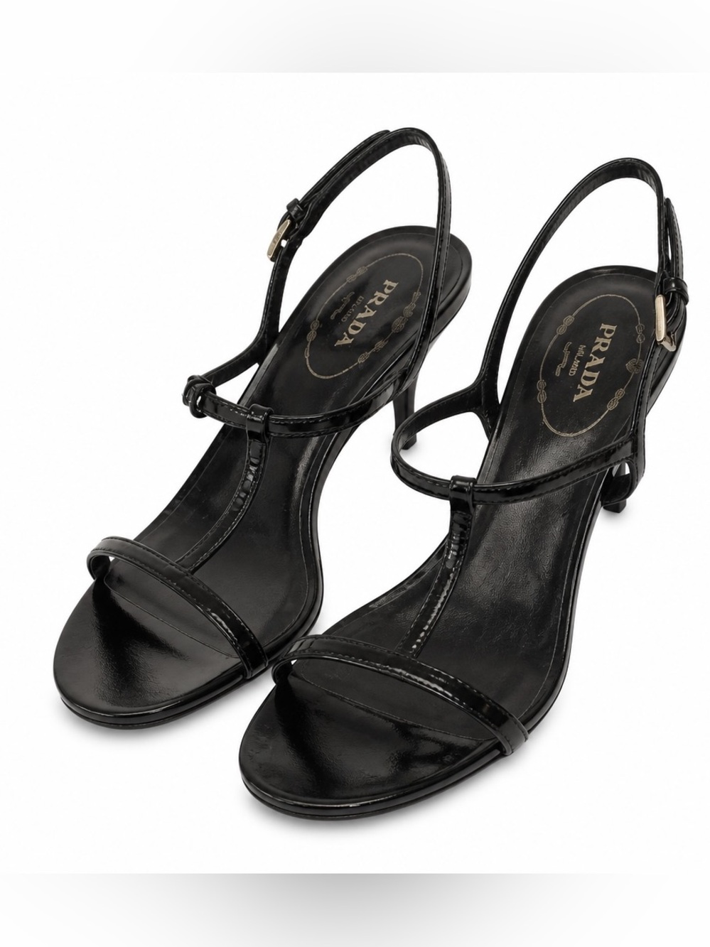 Prada T- Strap Sandals Black Patent Leather EU 38.5 US 8.5 Open Toe Heels Pumps